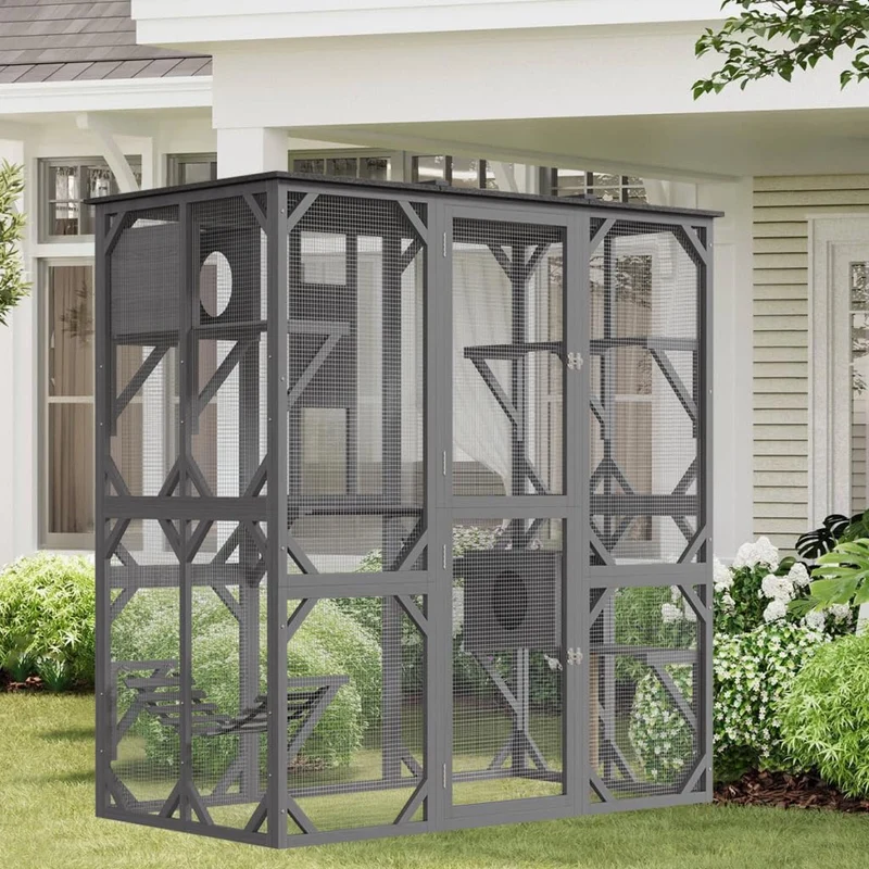 Garvee Catio De Madera Para Gatos 70'' Grande Con Techo Impermeable, Puerta De Entrada, Rascador Y Hamaca, Refugio Seguro Para Exteriores