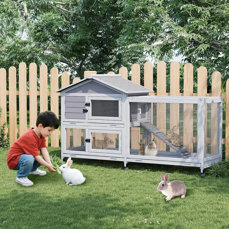 Garvee Jaula para Conejos con Techo Impermeable y Ruedas Bloqueables, Estructura de Madera Duradera, Uso Interior y Exterior, Gris, 161×57×94 cm