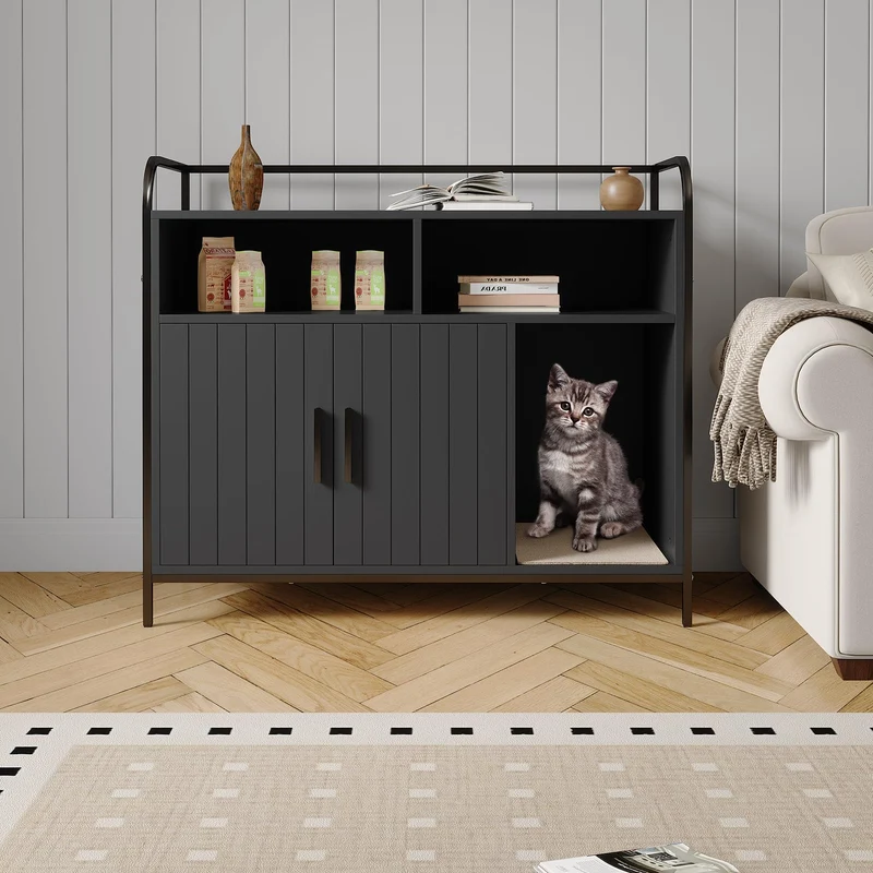 Garvee Caja de Arena para Gatos Moderna con Almacenaje Ventilación Entrada Lateral 95 cm Madera Ecológica Blanco y Dorado