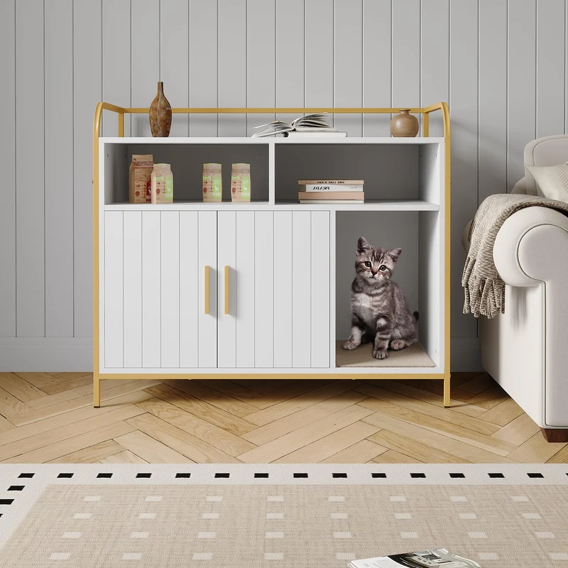 Garvee Caja de Arena para Gatos Moderna de Madera 95 cm con Ventilación y Entrada Lateral, Estante de Almacenaje, Mueble Multifuncional Blanco y Dorado