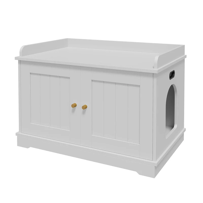 Garvee Mueble para Caja de Arena de Gato con Puerta de Granero, Madera Blanca, Espacioso, Fácil de Limpiar, Interior para Mascotas 80×50×54 cm