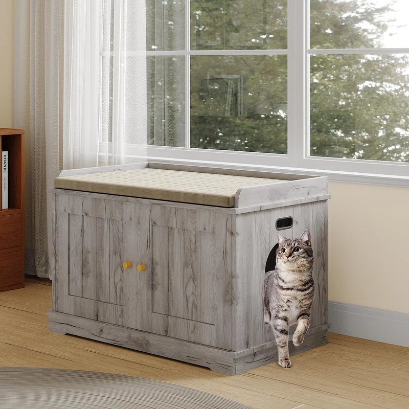 Garvee Enclosure Para Caja De Arena De Gato Con Puerta De Granero De Madera, Mesa Auxiliar, Privacidad, Espacio Amplio, Interior, Madera Natural