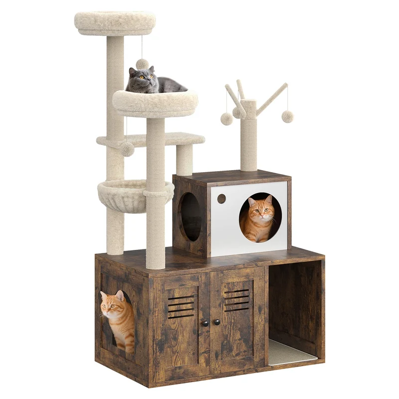 Garvee Árbol para Gatos con Caja de Arena, Condominio de Madera Multifuncional para Interiores, 80×48×140 cm, Material Resistente