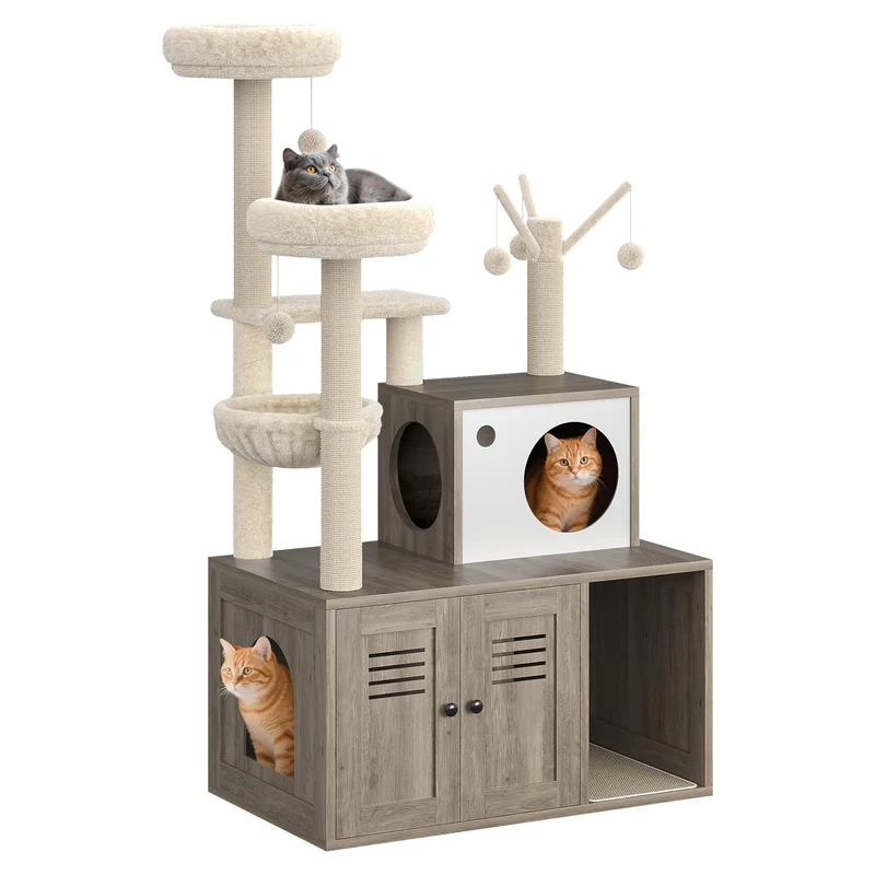Garvee Árbol para Gatos con Caja de Arena Integrada, Condominio de Madera, Hamaca y Poste Rascador, Gris, 80×48×140 cm