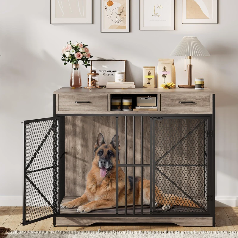 Garvee Mueble Jaula para Perros 112 cm - Doble Puerta con Cerradura - Madera Robusta - Almacenaje Inteligente - Decoración Moderna para Salón