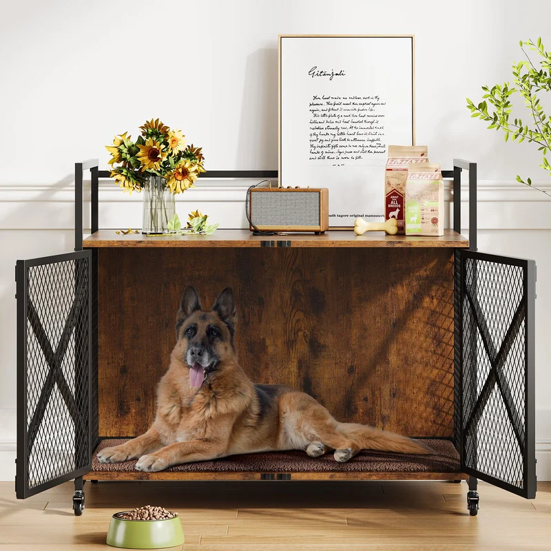 Garvee Jaula para Perros Resistente de 79 cm con Ruedas y Frenos, Puerta Bloqueable, 4 Pestillos, Metal Seguro para Hogar, Colchón Suave para Perros Medianos y Pequeños