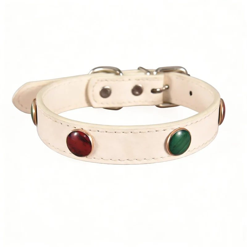 Collier En Cuir Avec Pierres Colorées Pour Petits Chiens