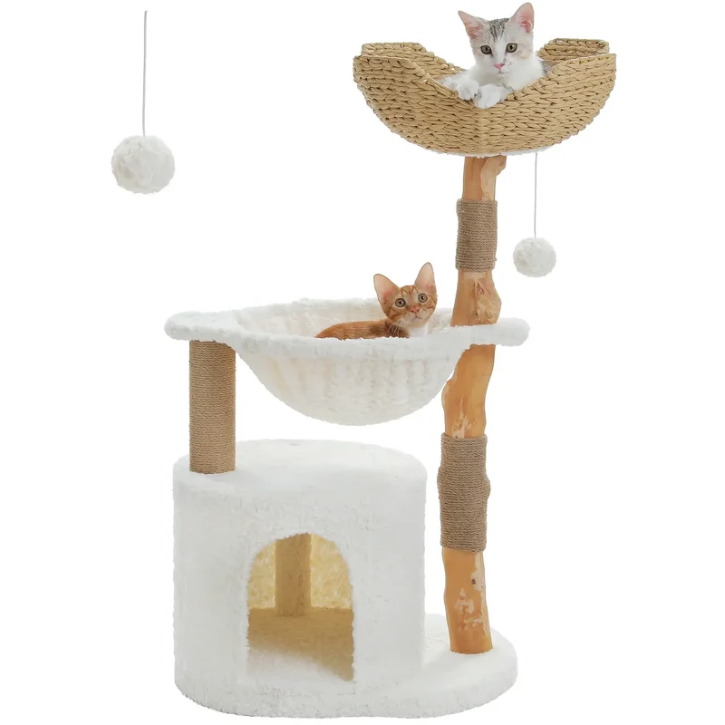 Arbre à chat en bois naturel avec panier en osier et hamac design