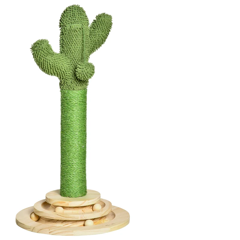 Pawhut Rascador Cactus Para Gatos Con Bola Colgante Y Juego En La Base De Madera