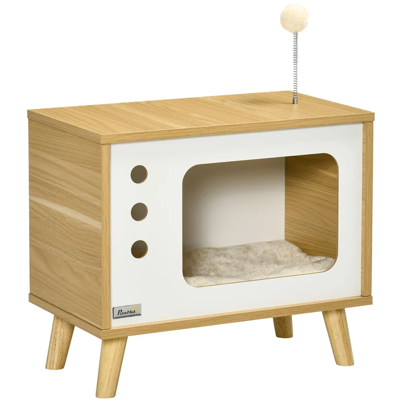 Pawhut Cama Cueva De Gatos Estilo Televisor Con Cojín 50x28x43 Cm