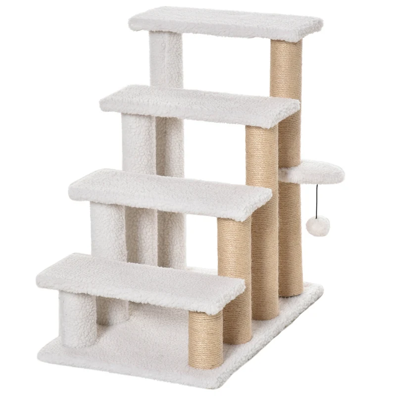 Pawhut Escalera Para Gatos 4 Niveles De Suave Felpa 60x40x64 Cm Blanco