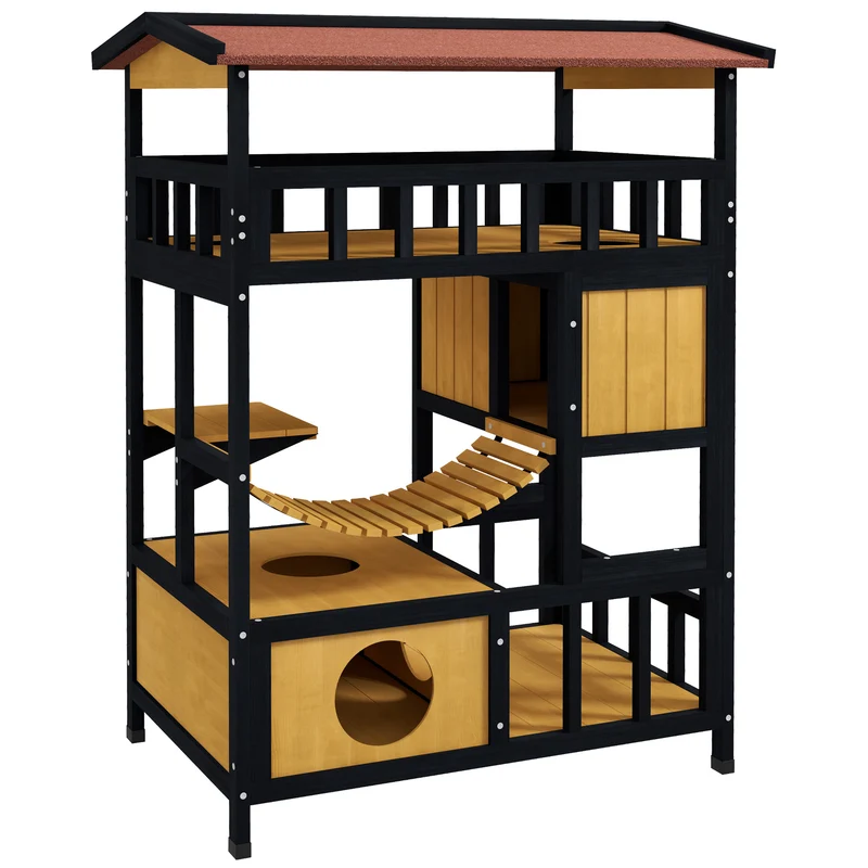 Pawhut Caseta Para Gatos De Madera 84x60x116 Cm Con Puente Colgante Natural