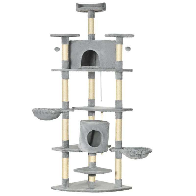 Pawhut Árbol Rascador Para Gatos 60x60x200 Cm Con 2 Cuevas Múltiples Plataformas