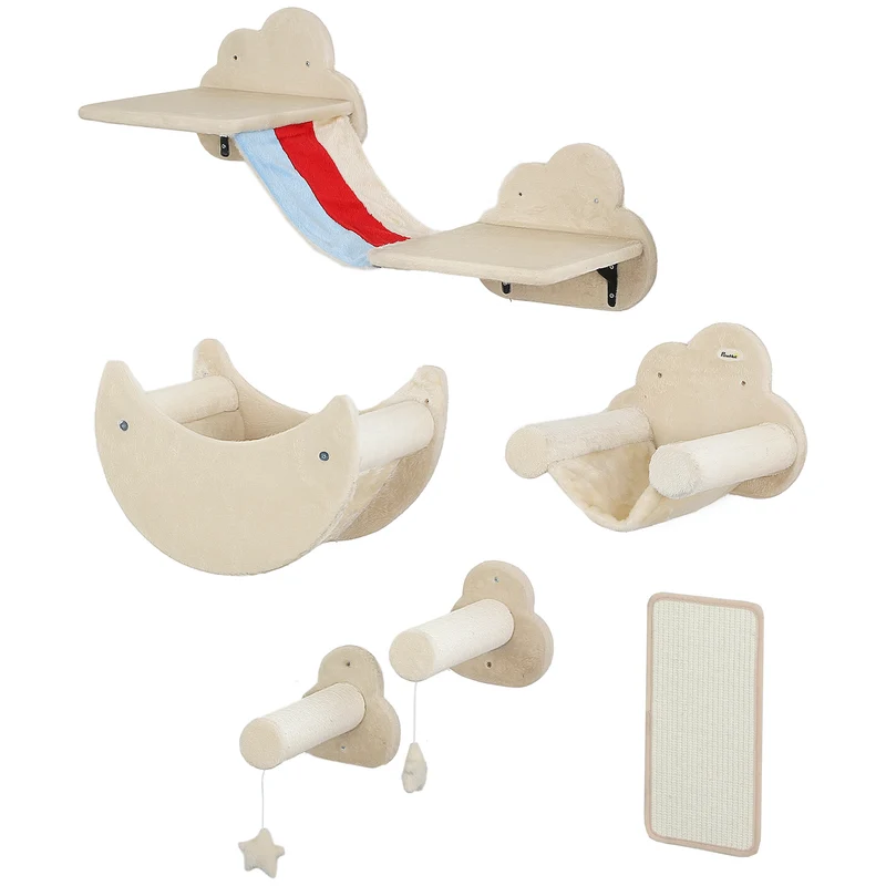 Pawhut Juego De Pared De Escalada Para Gatos 6 Piezas Con Hamacas Plataformas
