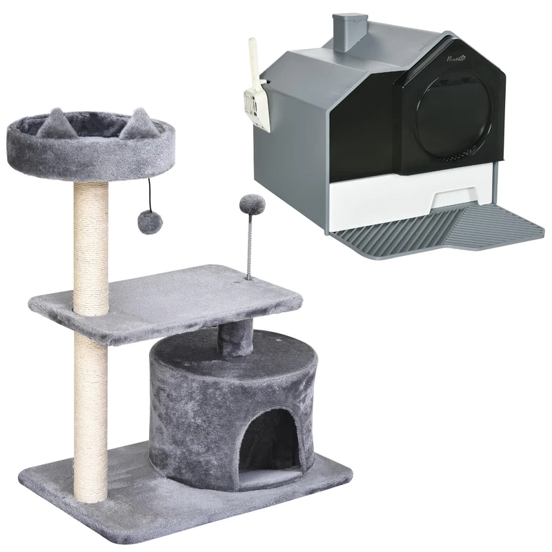 Pawhut Conjunto De 1 Árbol Rascador Para Gatos Y 1 Arenero Cubierto Para Gatos