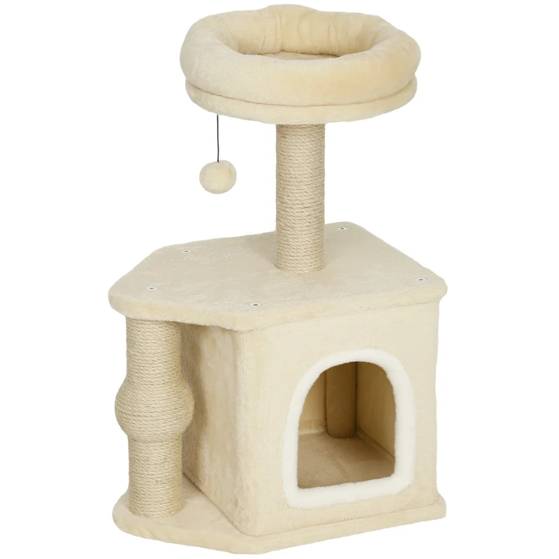 Pawhut Árbol Rascador Para Gatos Altura 66 Cm Con Cama Poste De Yute Beige
