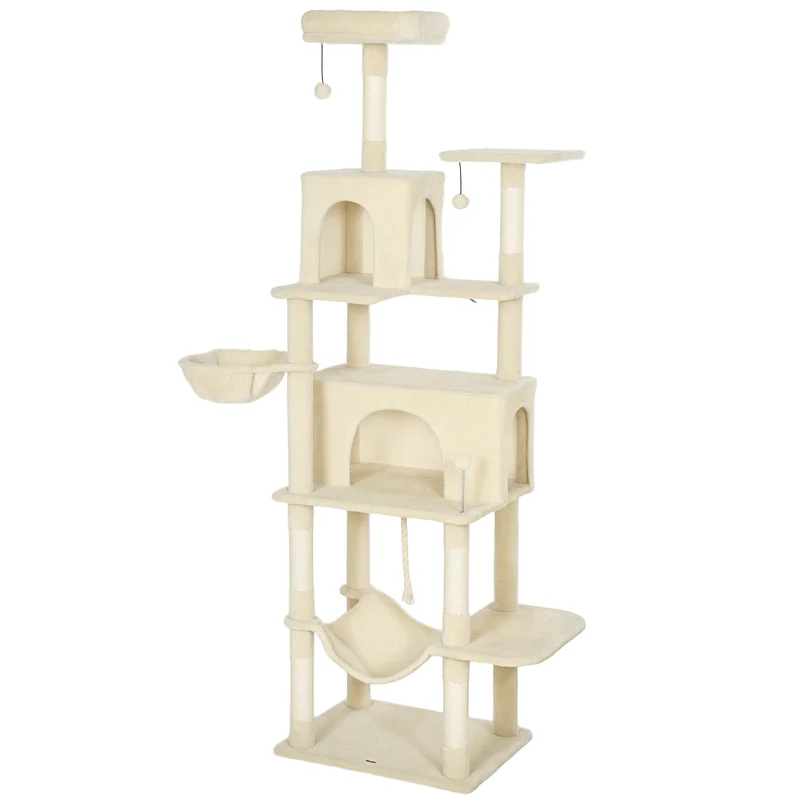 Pawhut Árbol Rascador Para Gatos 202 Cm Con Plataformas 2 Camas 2 Cuevas Beige