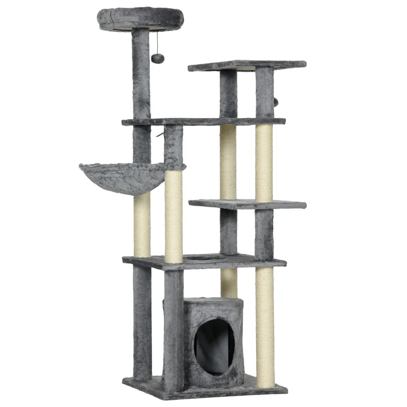 Pawhut Árbol Rascador Para Gatos Grande De 144 Cm Con Postes 49x49x144 Cm Gris