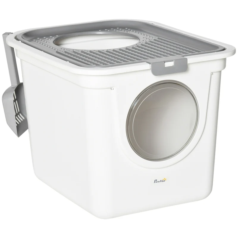 Pawhut Arenero Para Gatos Con Pala 2 Puertas 44x55x39 Cm Blanco Y Gris