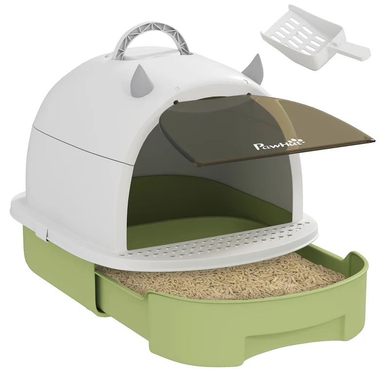 Pawhut Arenero Para Gatos Cubierto Con Bandeja Pala Y Asa Blanco Y Verde