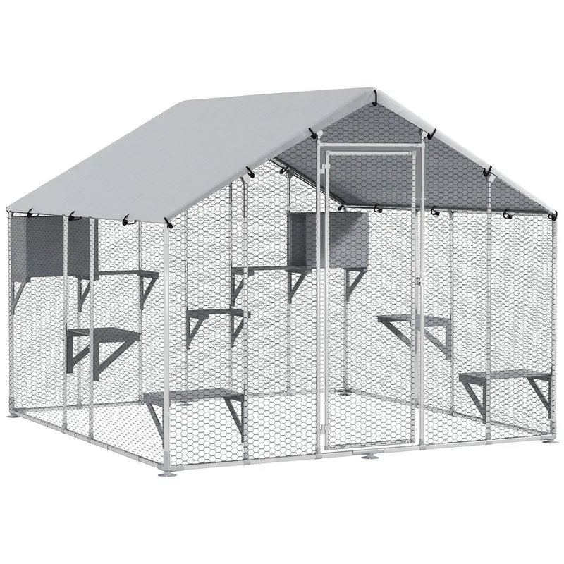 Pawhut Jaula Grande Para Gatos Exterior Con 2 Casitas 240x193x195 Cm Plata
