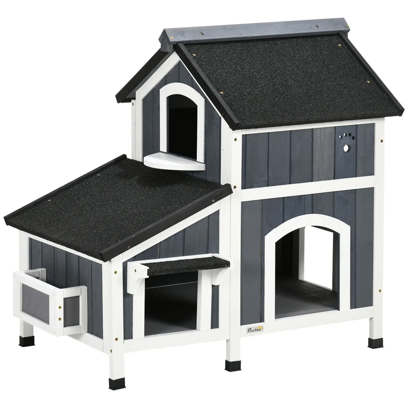 Pawhut Caseta Para Gatos De Madera De 2 Niveles Con Macetero 96x65x85,5 Cm Gris